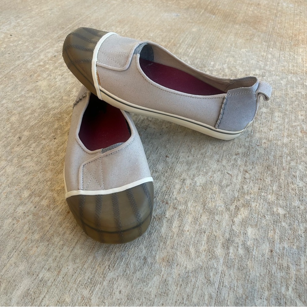 Sorel Taupe Canvas Slip-On Flats with Olive-Brown Rubber Toe